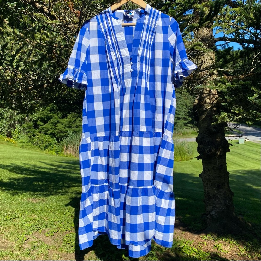 Anthropologie Whit Two Gingham Dress Blue and White Tiered Midi Sundress Sz L